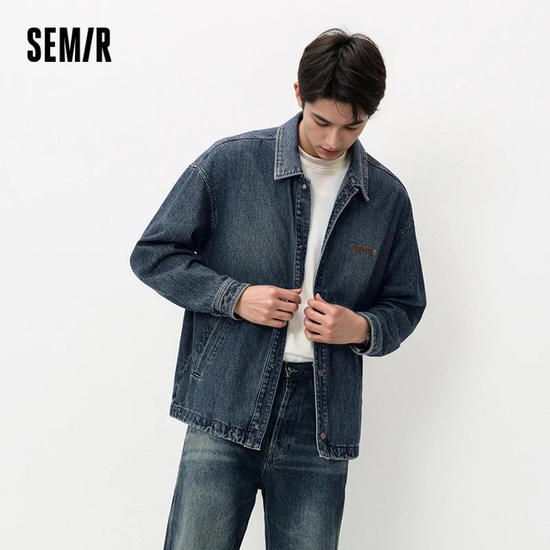 Semir Men Jacket Denim Coach Style Loose Lapel Retro Classic 2026 Autumn Textured Fabric Casual Outerwear Daily Layer