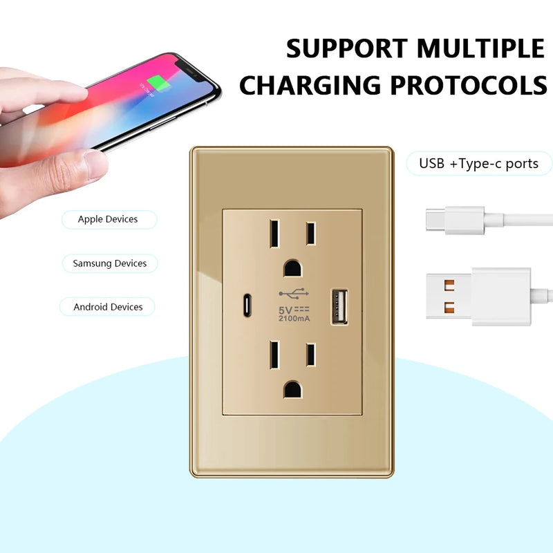 Depoguye US Mexico Wall Light Switch Socket 5V 2.1A USB Type-c Charger Plug,Golden Glass Panel American Standard Power Outlet