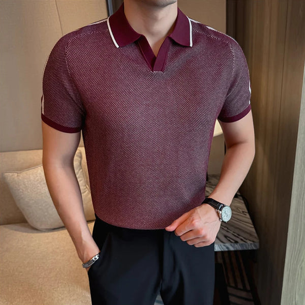 Men's Wing Collar Polo Shirt, Breathable Ice Silk Fabric with Contrast Trim, Casual Short Sleeve Knit Top, Navy Blue