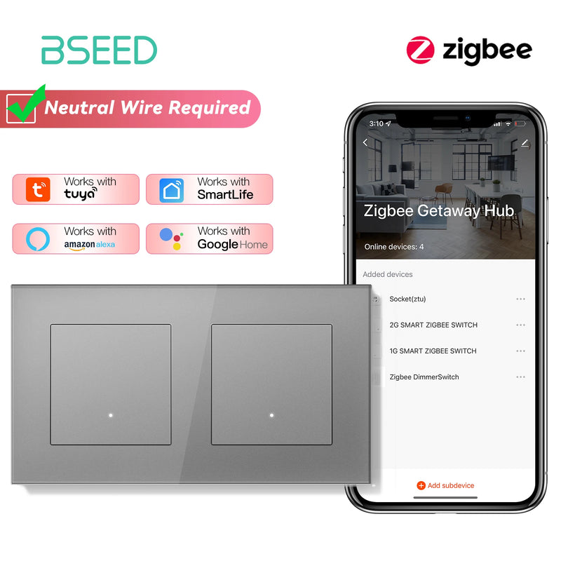 BSEED Zigbee Light Switch 1/2/3Gang 2Way Smart Click Button Switch Glass Panel White LED Indicator Tuya Smart Life Alexa Control