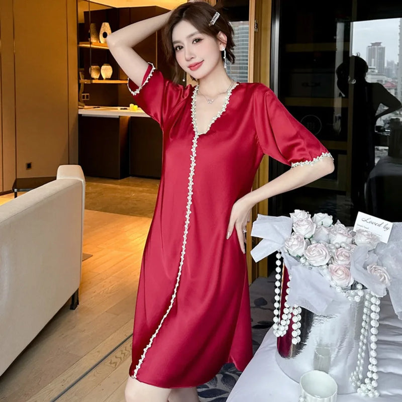 V-neck Women's Nightgown One Piece Pajamas Dress Elegant Summer Sexy Nightdress Home Clothes Short Sleeve Sleepwear Nighties