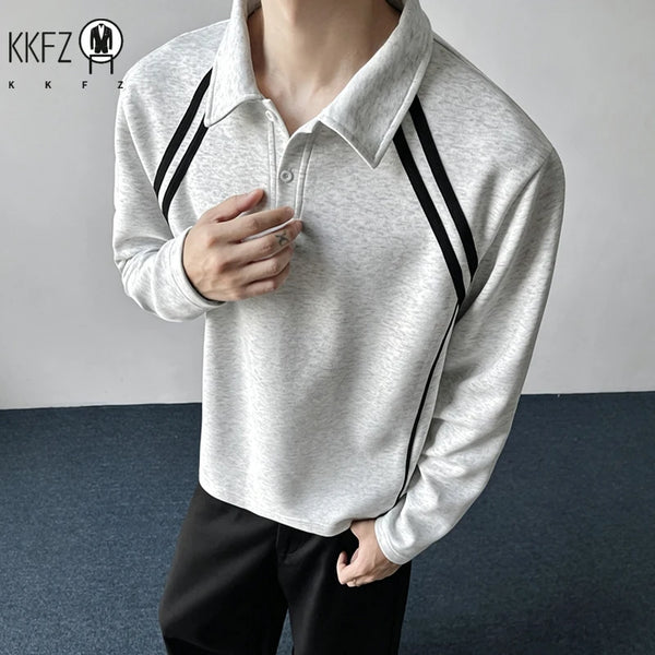 Mens Sports Style Polo Pullover Lapel Collar Long Sleeve Side Striped Detail Raglan Cut Soft Fabric Top