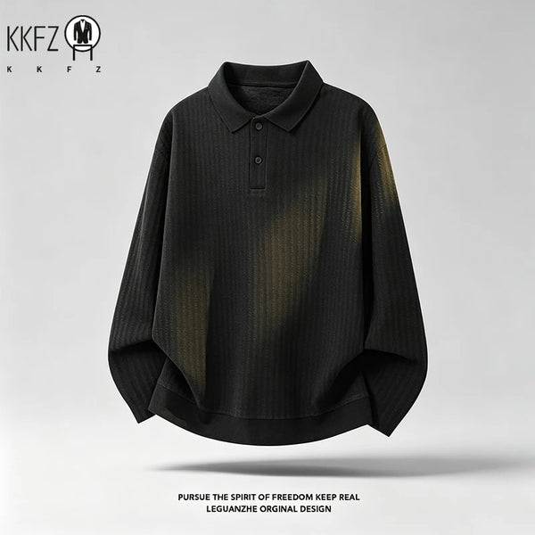 Mens Autumn Casual Polo Pullover Lapel Collar Long Sleeve Button Front Loose Silhouette Ribbed Knit Material Daily Outfit