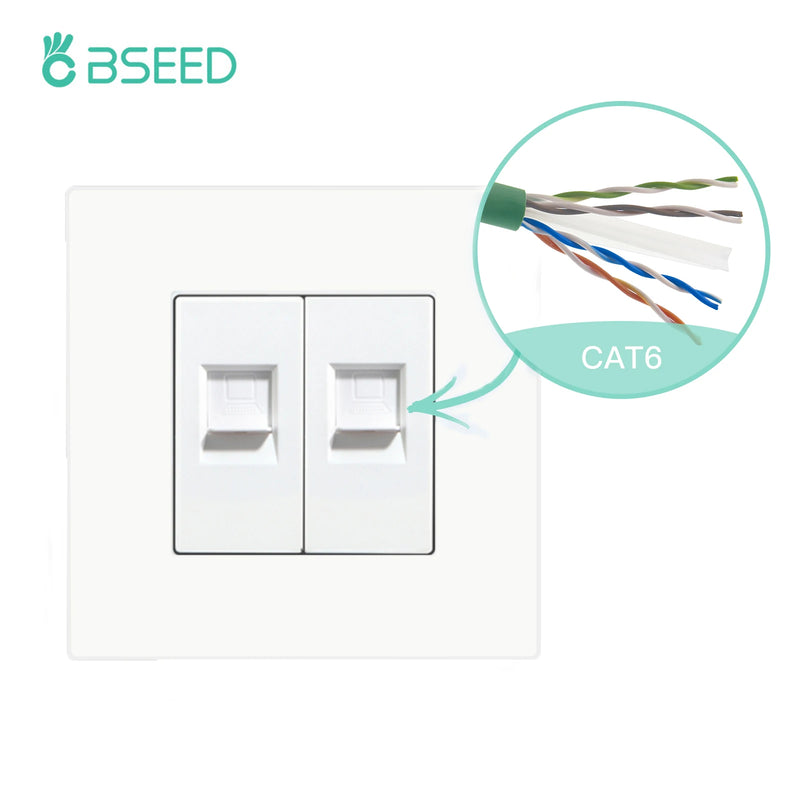 BSEED EU Standard Double Internet Socket RJ45 Network Data Socket CAT6 Wall Computer Outlet Plastic Frame White Black Color