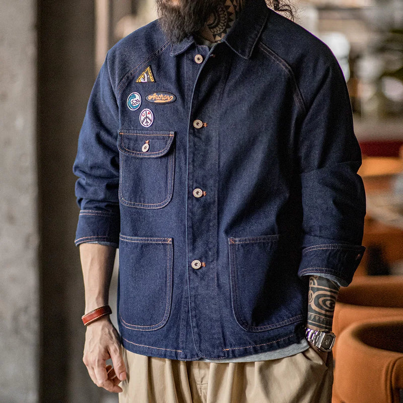 អាវក្រៅ Maden Vintage ទំហំ 12.8oz ធ្វើពី Denim ទម្ងន់ធ្ងន់ ប៉ាក់សញ្ញាសម្គាល់ បោកគក់ សម្លៀកបំពាក់ក្រៅធម្មតាសម្រាប់បុរស អាវក្រៅរដូវផ្ការីក និងរដូវស្លឹកឈើជ្រុះ