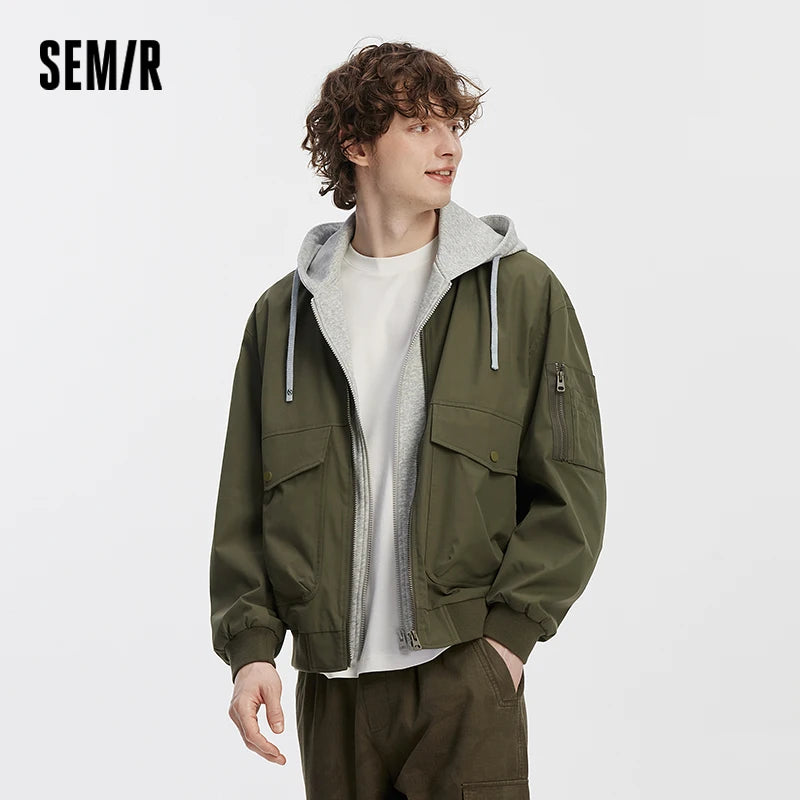 Semir Men Jacket Hooded Faux Layer Colorblock Street Casual Style Loose 2026 Autumn Outerwear Layered Trendy Daily Wear