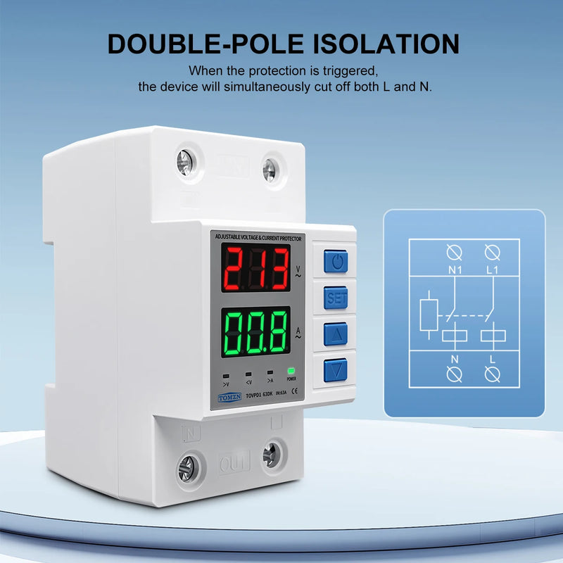 TOMZN Din Rail Adjustable Protector – Over/Under Voltage and Over Current Protection, Disconnects Both L and N AC110V/230V63A