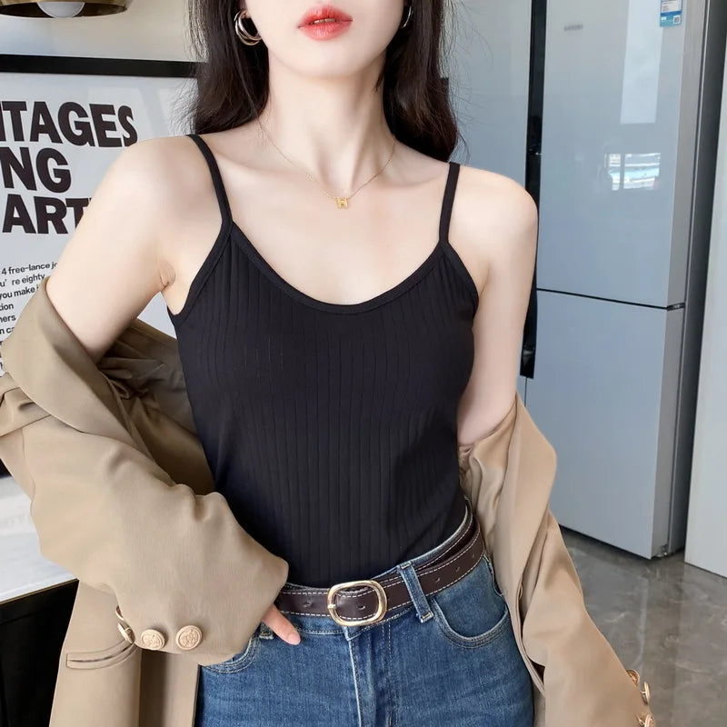 Pure Cotton Sling Vest Women's Slim Versatile Inner Outer Bottoming Shirt Comfortable One Piece Pajamas Top Female Sleepwear