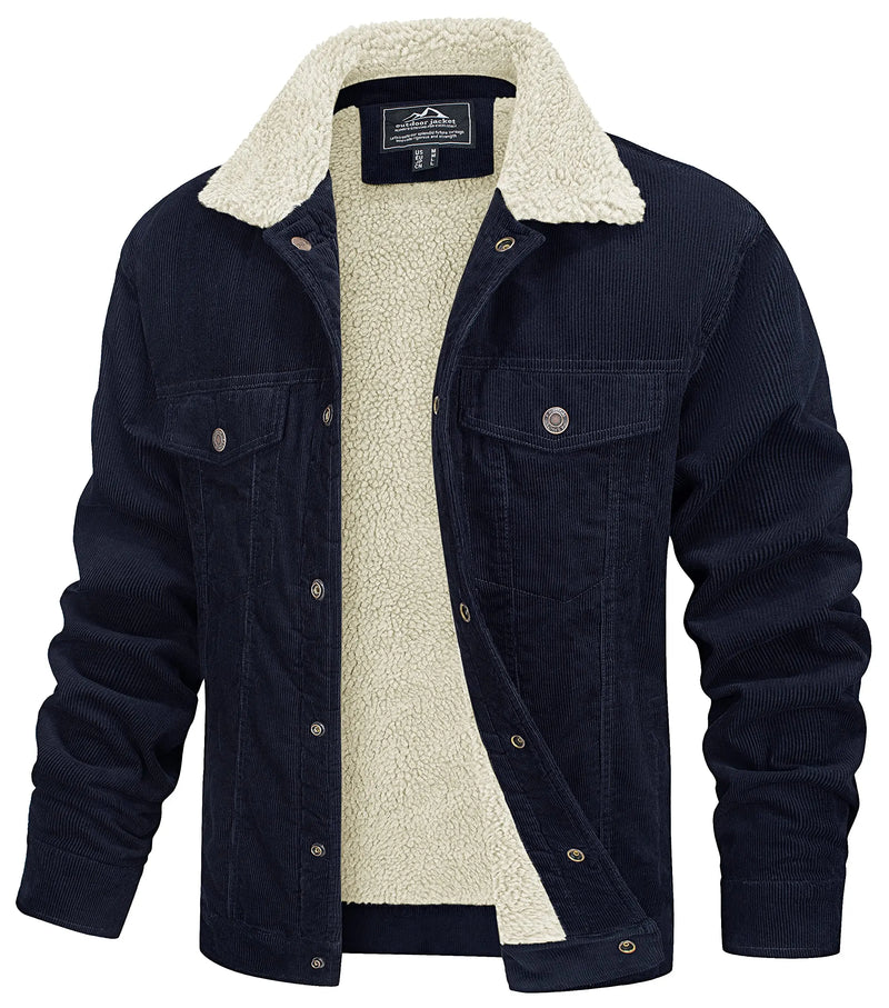 TACVASEN Men's Winter Corduroy Sherpa Lined Warm Turn-Down Collar Jacket Daily And Outdoor Long Sleeve Coat With Utility Pocket