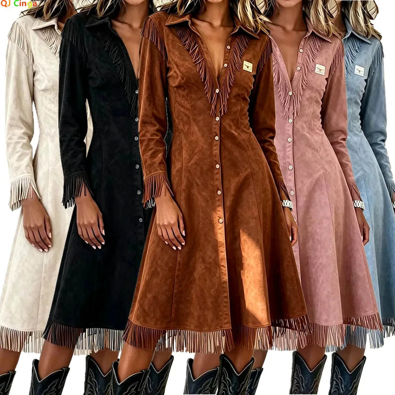 Women's Western-style Long-sleeved Trench Coat;A Figure-hugging Jacket with Fringe Details for Spring/Fall; Blue,Red,Black,Brown