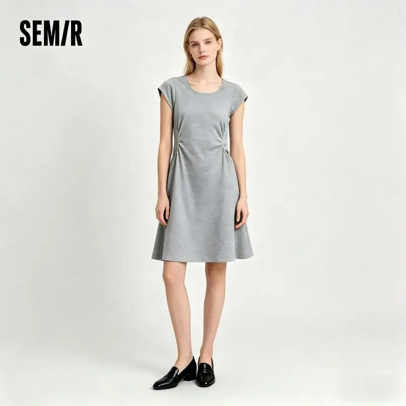 Semir Women Dress U Neck Solid Color Ruched Short Sleeve Minimalist Design Mini 2026 Summer Casual Fashion Top