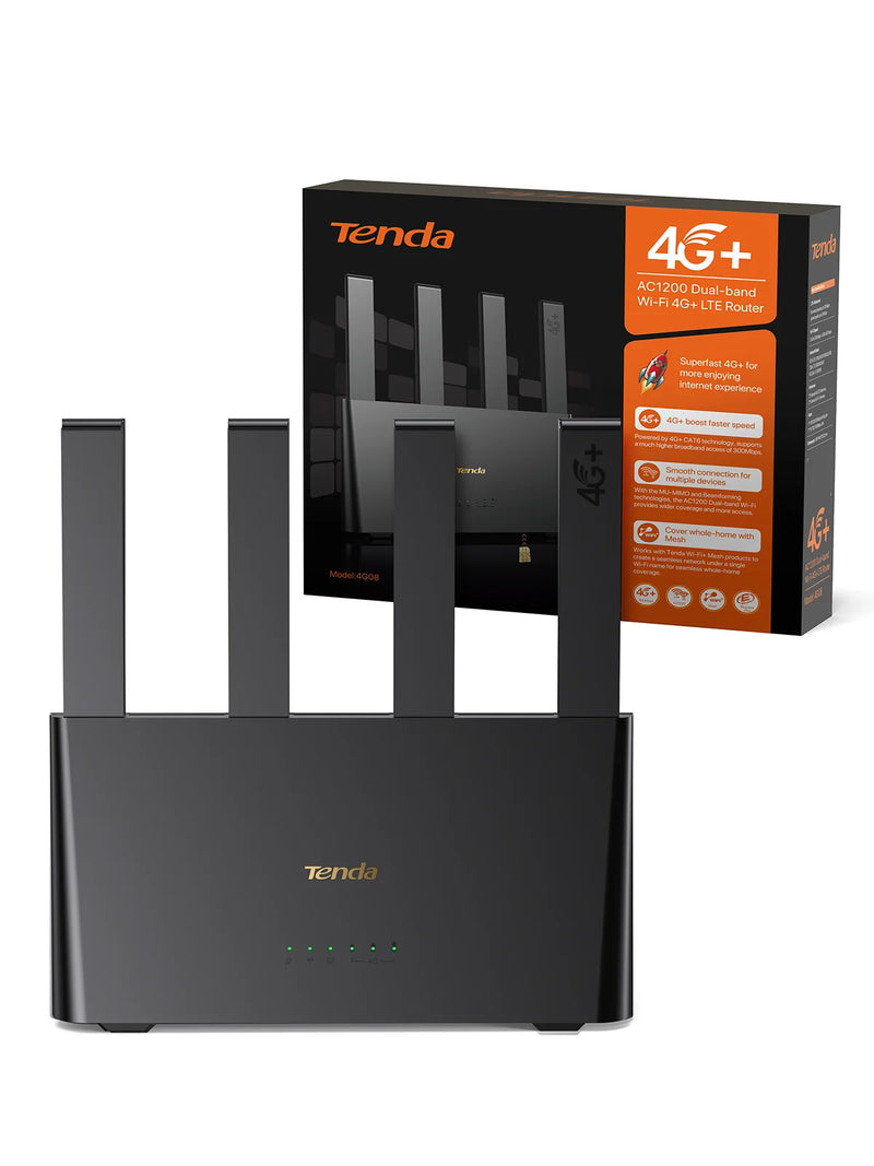 រ៉ោតទ័រ Tenda 4G08 4G+ AC1200 CAT6 LTE រ៉ោតទ័រ 2.4G និង 5Ghz រន្ធដោតស៊ីមកាត ហតស្ពត រ៉ោតទ័រវ៉ាយហ្វាយ ម៉ូដឹម រ៉ោតទ័រ សម្រាប់ប្រើប្រាស់ក្នុងផ្ទះ និងក្រៅផ្ទះ គ្របដណ្តប់ដោយវ៉ាយហ្វាយ Mesh WiFi+