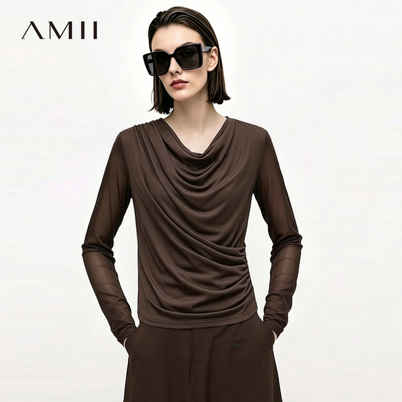 Amii Breathable T Shirts Woman 2026 Autumn New Slim Fit Cowl Neck Long Sleeve Tees Elegant Casual Versatile Womens Tops 12613008