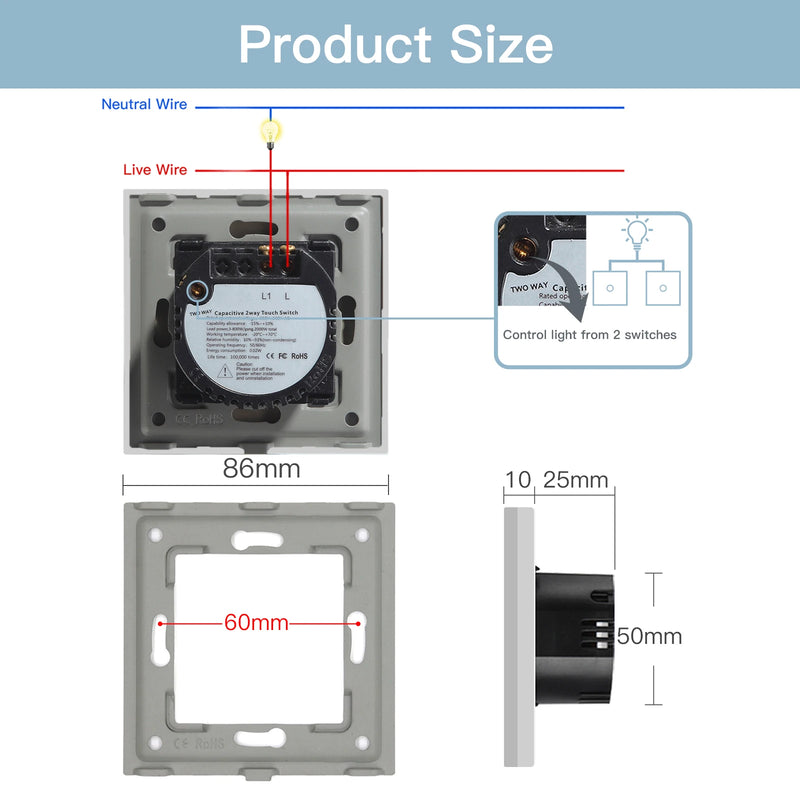 Bseed Wall Touch Light Switch 1/2/3Gang 2Way Light Switch With EU Socket USB Type-C Glass Panel Blue Backlight 240V for Stairs