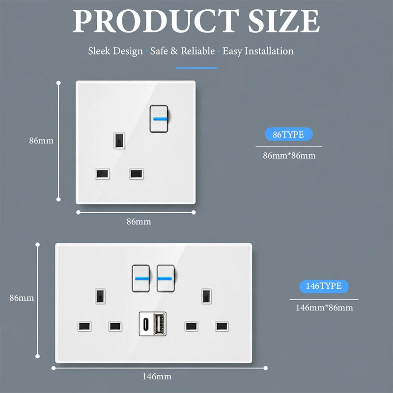 White UK 230V Tempered Glass Touch Light Switch Socket LED Wall Panel Smart Home Switches Socket Manufacturer Wholesale Supplier