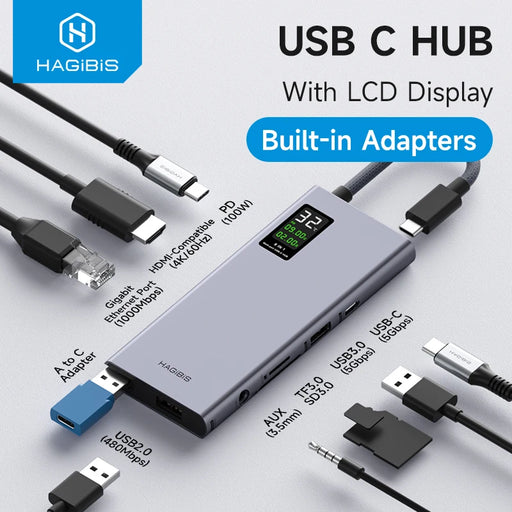 Hagibis USB C Hub With LCD Display Type C Multiport Adapter 4K HDMI-Compatible 100W PD Gigabit Ethernet For Macbook Pro iPad HP