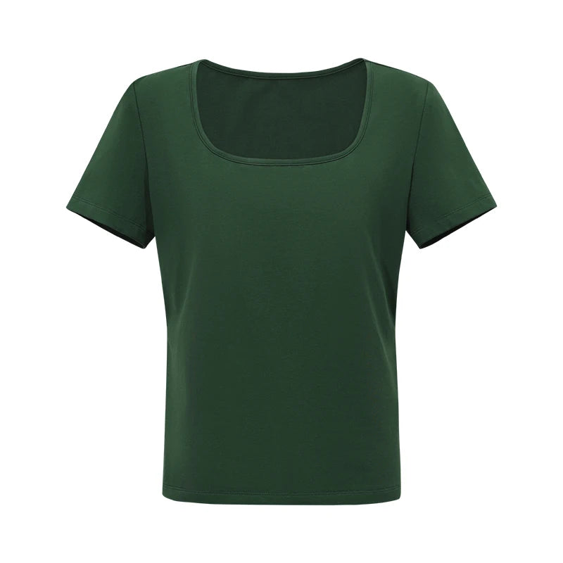 Amii Women's Tee Shirt 2026 Summer New Square Neck Short Sleeve Cotton Tee Basic Solid Breathable Casual Top For Women 12612044