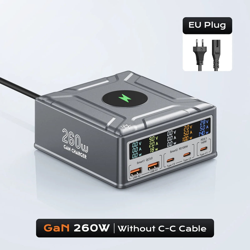 ឆ្នាំងសាកឥតខ្សែ USB C GaN 260W QC3.0 PD3.1 ស្ថានីយសាកថ្មលឿន PPS 140W សម្រាប់ iPhone 16 15 MacBook Pro Samsung Laptop ឆ្នាំងសាកឥតខ្សែ