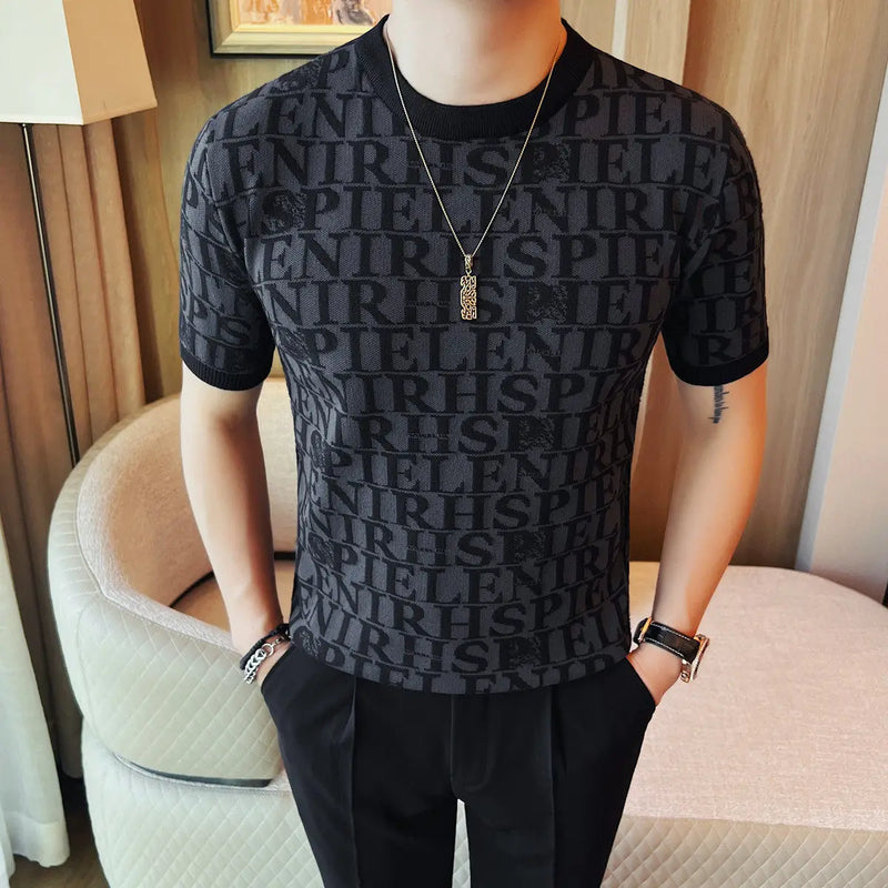 Men's Slim Fit Short Sleeve T-Shirt Casual Round Neck Letter Print Knitted Top