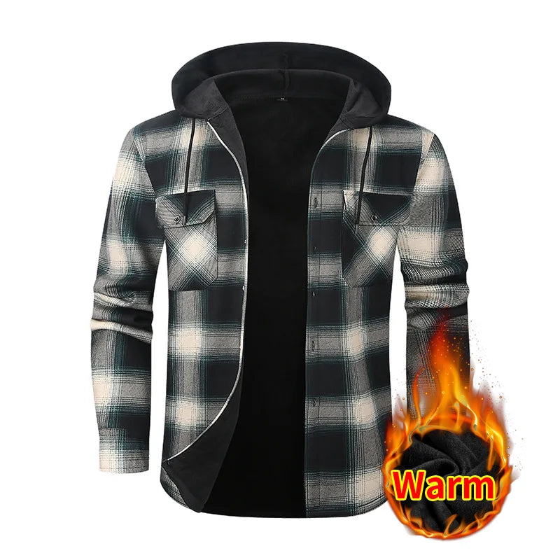 New Winter Men's Long-Sleeve Hooded Fleece Shirt—a Stylish, Casual, and Warm Plaid Shirts.