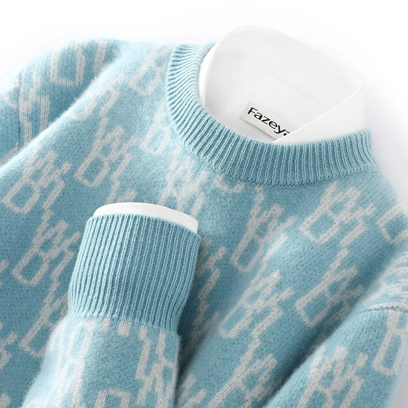 Unisex 100% Wool Sweater, Color Block Jacquard Round Neck, Loose Fit Winter New, High-end Fashionable Warm