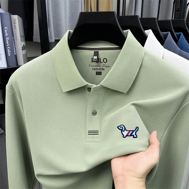 100% Cotton Men Long-Sleeve Polo Shirt Lapel Button Dog Embroidery Breathable Comfortable Autumn Winter Business Casual Menswear