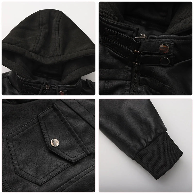 2027 New Women's Long-Sleeve Hooded Faux Leather Jacket—a Lightweight, Slim-fit PU Biker Coat for Spring/Fall.Black,Brown,Khaki.