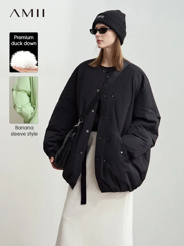 AMII Minimalism Women's Down Jacket 2026 Winter Casual Warm Round Neck Ultra-loose Long Sleeve Solid Versatile Overcoat 12444112