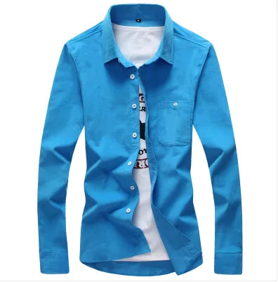 Men's Blue Long-sleeved Shirt, Corduroy Fabric Shirts, Asian-sized Fitted Top. Available in Red, Black, White, Green and Yellow.