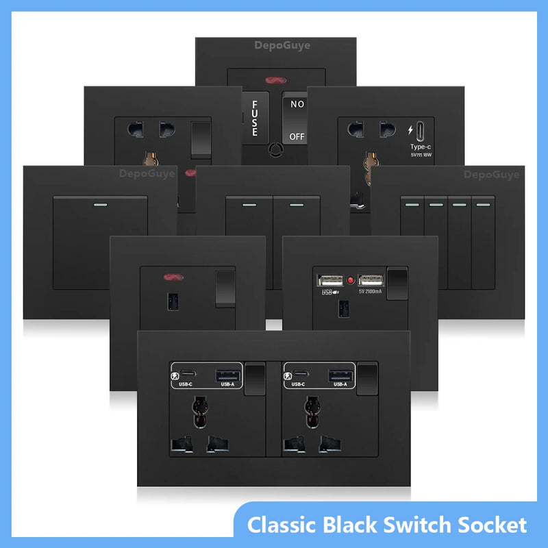 Black UK 13A Wall Socket with USB Type C 18W Quick Charge Plug Socket,Universal Wall power outlet 220V Electrical Light Switch