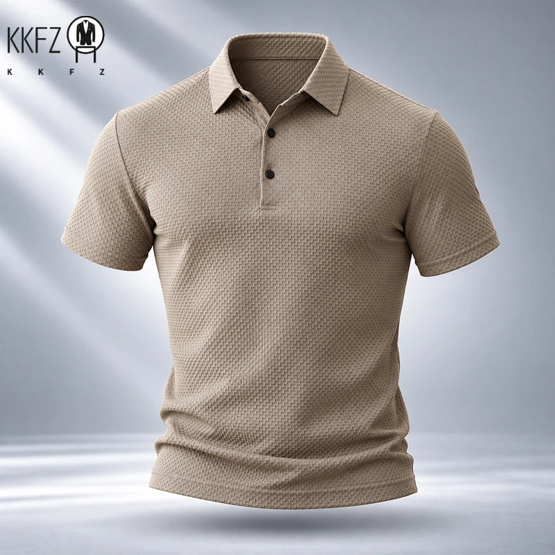 Mens Short Sleeve Polo Garment Fine Workmanship Breathable Soft Waffle Material Stretchy Design For Office Working Casual Wear