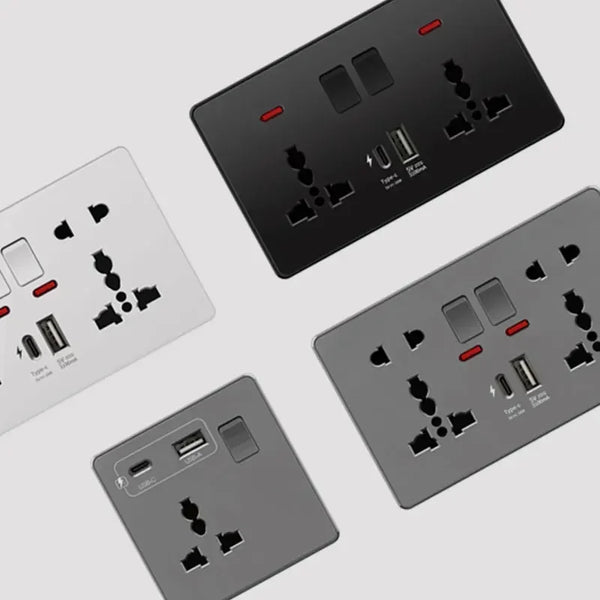 រន្ធដោតជញ្ជាំងឆ្លាតវៃ 3.1A USB C ពណ៌ខ្មៅជាសកល, រន្ធដោតសាកលឿនប្រភេទ C 18W របស់ចក្រភពអង់គ្លេស, រន្ធពីរជាមួយសូចនាករថាមពល