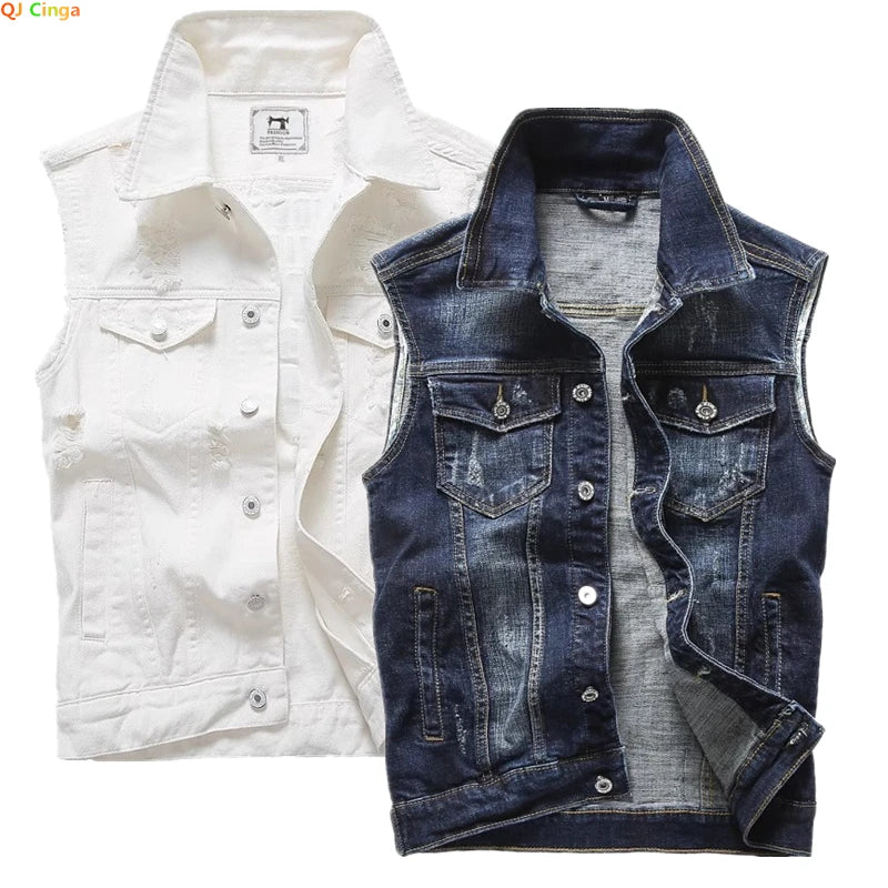 2026 New Men's White Sleeveless Denim Jacket, Single Breasted Lapel Vest Coat Blue Gray Black Denim Tops Waistcoat M-5XL 6XL