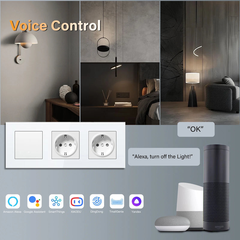 BSEED 1/2/3/4Gang 2Way WIFI Click Button Switch Double EU Socket Glass Panel LED Indicator Tuya Smart Life Alexa Voice Control