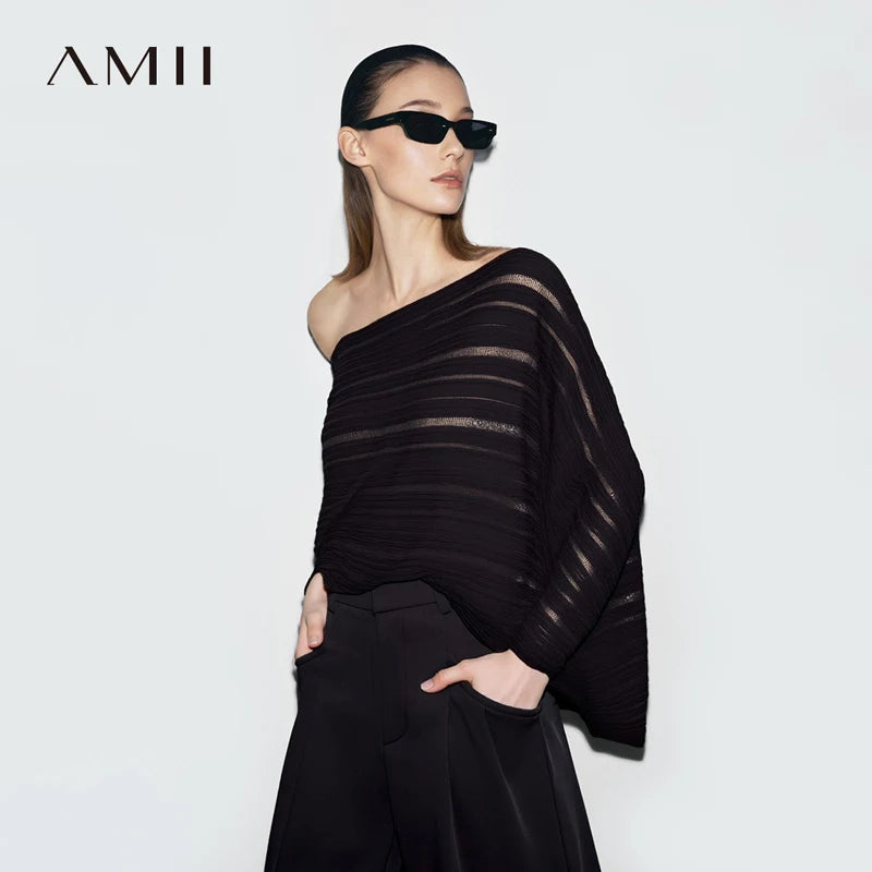 អាវយឺត Amii សម្រាប់នារី រដូវក្តៅ ឆ្នាំ២០២៦ ថ្មី កាត់ចេញមិនស្មើគ្នា ដៃអាវខ្លី អាវក្រៅដៃវែង ធម្មតា 12642001