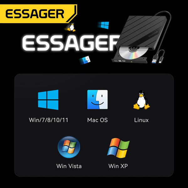 Essager ដ្រាយវ៍អុបទិកខាងក្រៅ 2 ក្នុង 1 ស៊ីឌី/ឌីវីឌី Burner USB-A/Type-C DVD RW CD Writer Reader Player Portable Recorder សម្រាប់កុំព្យូទ័រយួរដៃ PC