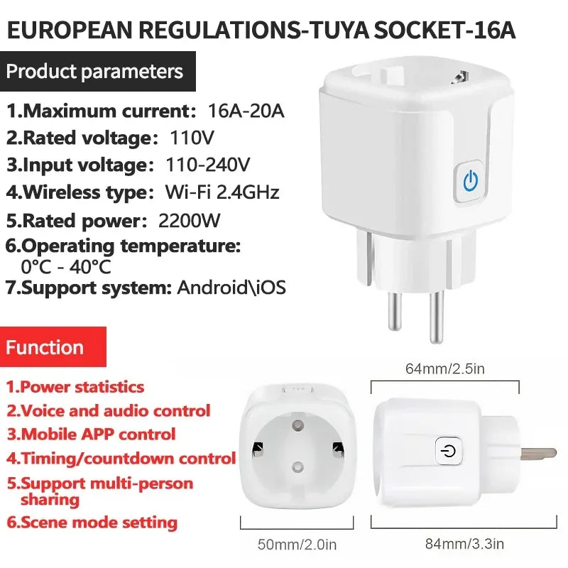 រន្ធដោត WiFi ឆ្លាតវៃរបស់ EU 16A/20A សម្រាប់ត្រួតពិនិត្យថាមពល និងកំណត់ម៉ោង ដំណើរការជាមួយកម្មវិធី Tuya Life, Alexa និង Google Home សម្រាប់ស្វ័យប្រវត្តិកម្មផ្ទះ