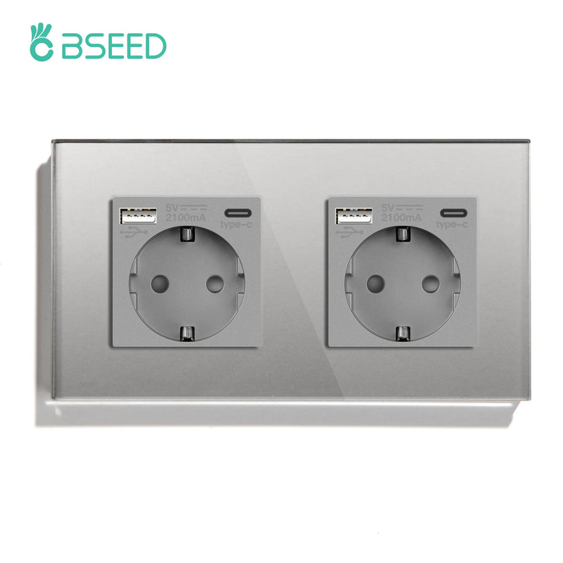 BSEED EU Wall Sockets Double Power Outlets White Black Double Frame USB Type-C Phone Charge Port Glass Panel Kids Protection 16A