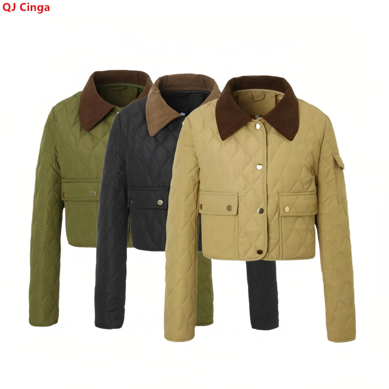 Women's Short-length Long-sleeve Winter Cotton Coat with A Single-breasted Lapel; Available in Apricot, Black, and Army Green.