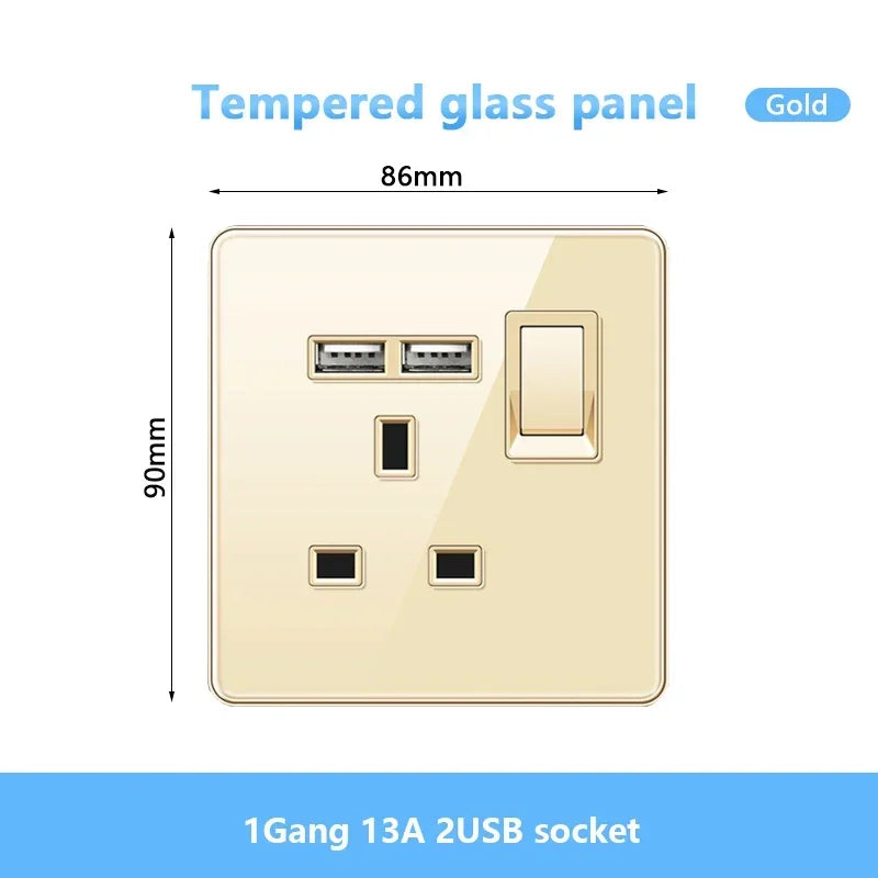 Gold UK 13A Tempered Glass USB Socket Plug,18W Type-C Fast charging Universal 3pin Dual Power Outlet,Wall 2way Light Switch