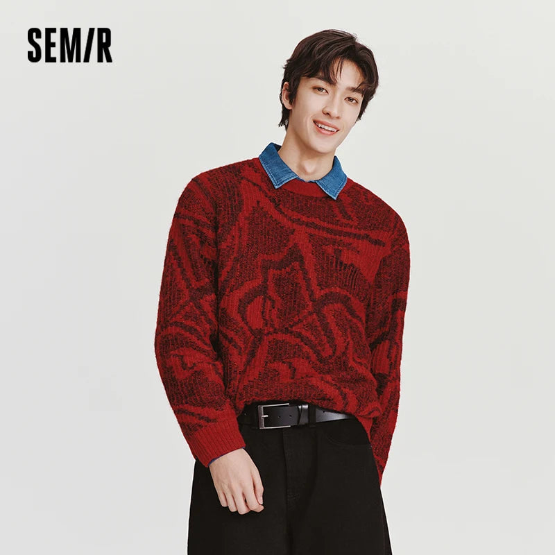 Semir Men Sweater 2026 New Red Double Sided Wear Horse Line Art Jacquard Full Print Crew Neck Knitwear Tops