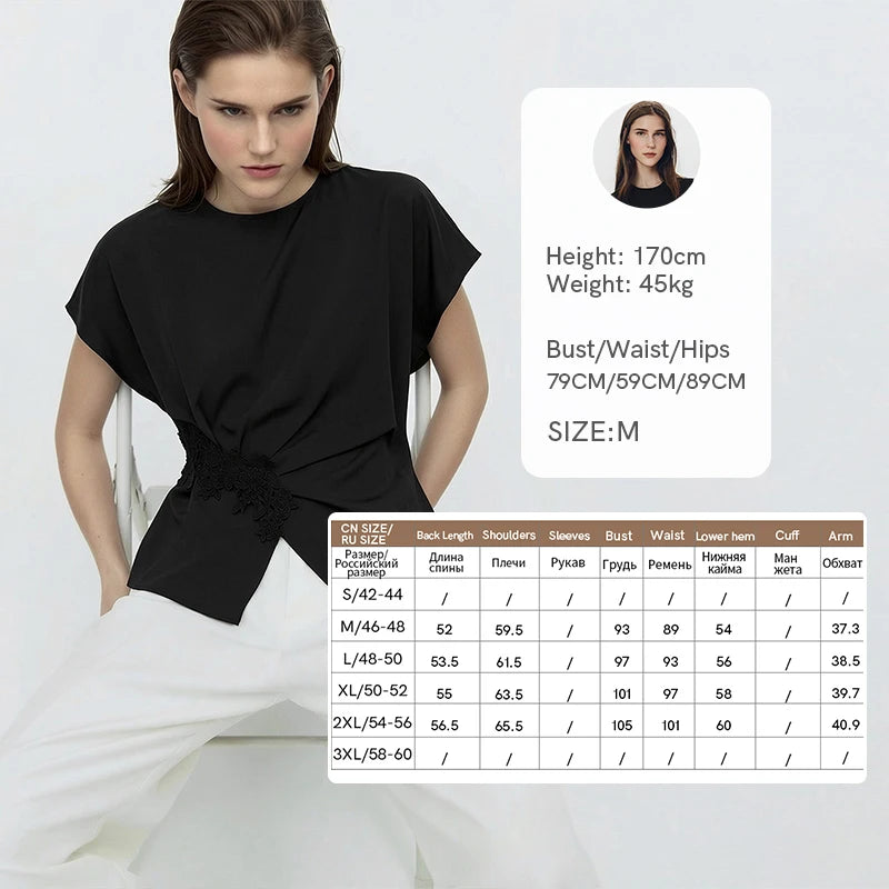 Amii Women's Blouse 2026 Summer New Round Neck Dolman Sleeve Lace Trim Top 100% Mulberry Silk Straight Fit Casual Shirt 12612037