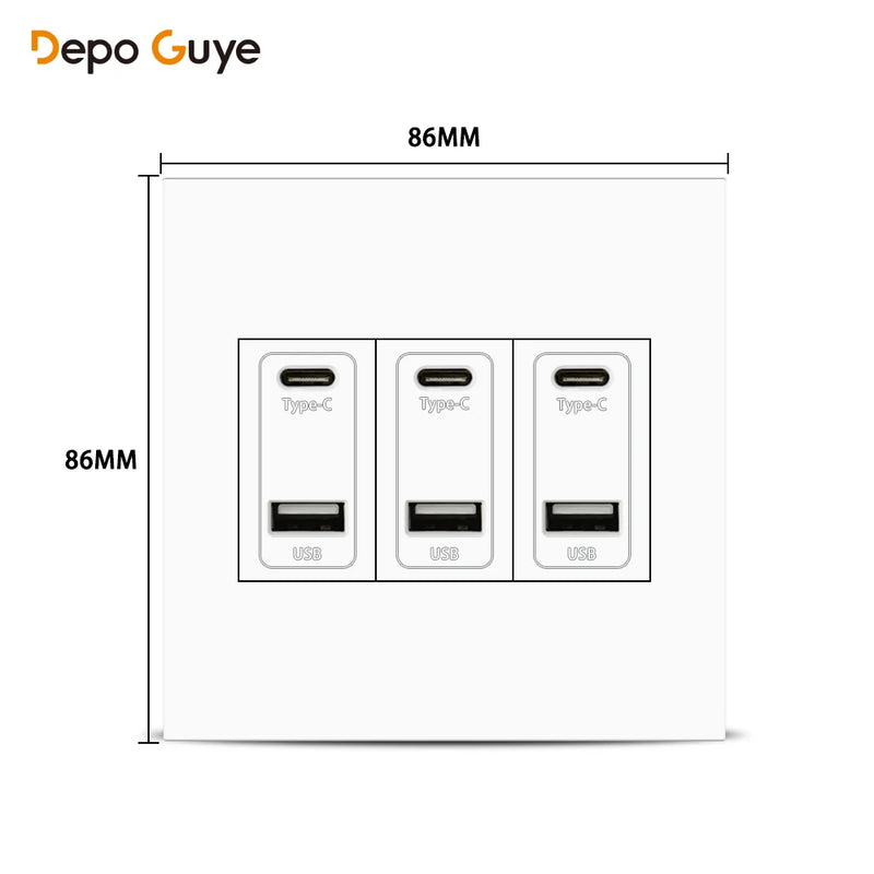 EU RU UK Standard USB Type C Port Power Wall Socket,Universal usb type c 220V Electrical Socket,White Power Outlet with 2holes