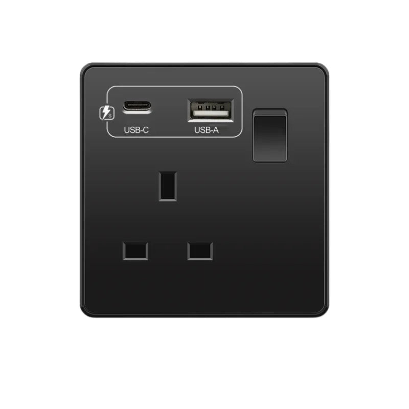 Black Uk 13A Smart Fast Charging Type C18W Charging Socket,1gang2way Wall Light Switch ,Universal Double Five-hole USB C Outlet