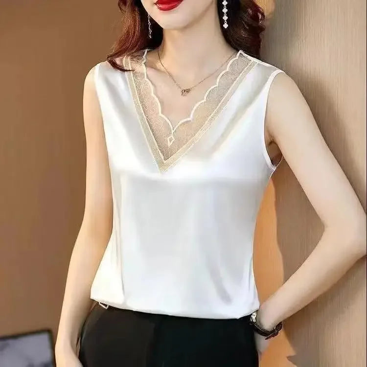 អាវយឺតក V ថ្មី រចនាផ្ទៃខាងក្នុងសម្រាប់ស្ត្រី អាវយឺតសាទីនអាស៊ីតអាសេទិក ដៃខ្លី អាវខាងក្រោម
