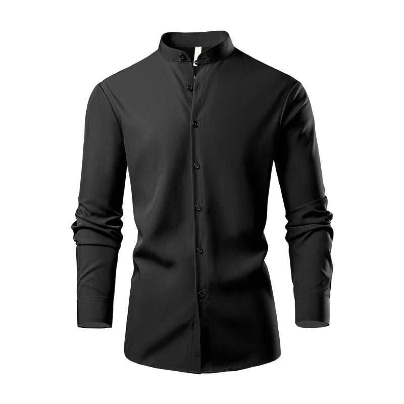 2026 New Men's Black Long-sleeved Shirt, White Single-breasted Stand-up Collar Shirts, Fashion Casual Tops, European Size S-XL.