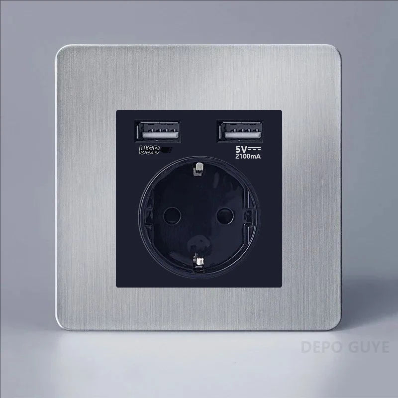 Retro EU France Socket Stainless Steel Brushed Double Power Outlet Toggle Metal Lever 1-4 Gang 2Way Wall Light Switch Panel RJ45