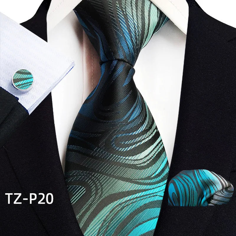 2026 New Men's Jacquard Fabric Tie Set Perfect for Business/Banquets/Formal Wear/Weddings. (Tie + Pocket Square + Cufflinks)