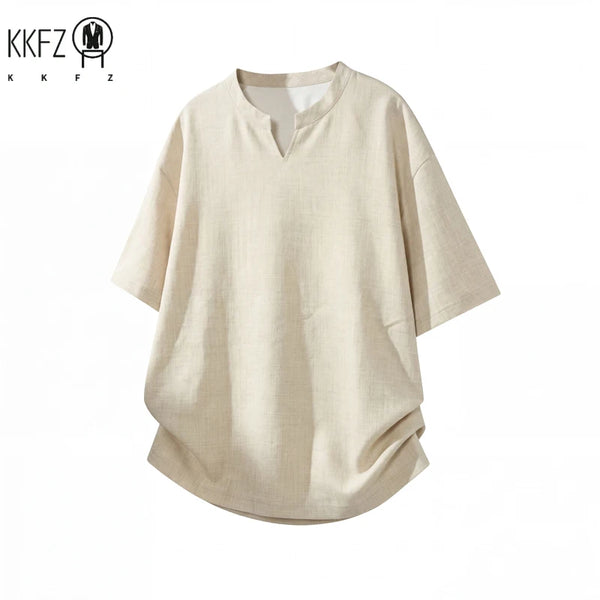 Men V Notch Neck Short Sleeve Linen Shirt Oversized Loose Summer Breathable Casual Streetwear Tops For Daily Commute