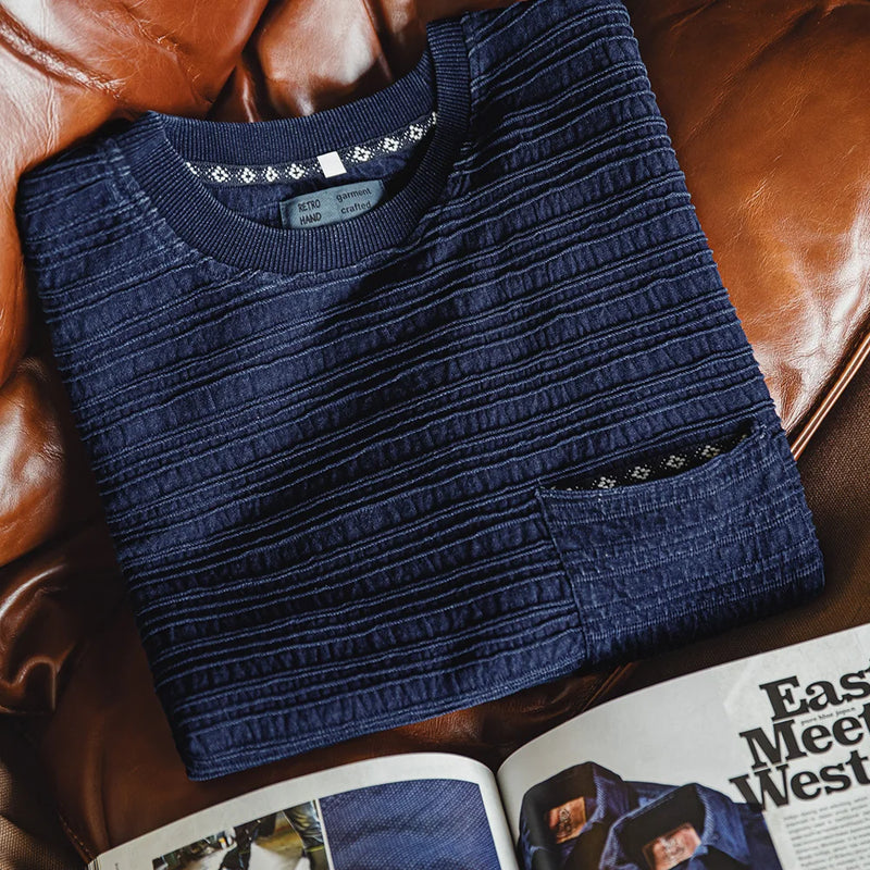 អាវយឺត Maden Retro Indigo ប៉ាក់លំនាំរលក Jacquard រលុងសមល្អពណ៌រឹង អាវយឺតដៃខ្លីសម្រាប់បុរសរដូវក្តៅ